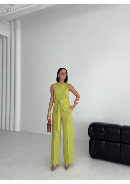 Kadın Keten Asimetrik Yelek Pantolon Ikili Takım indirimleri