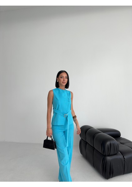 Kadın Keten Asimetrik Yelek Pantolon Ikili Takım fırsatları