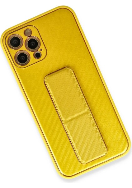 Newface iPhone 12 Pro Kılıf Coco Karbon Standlı Kapak - Sarı
