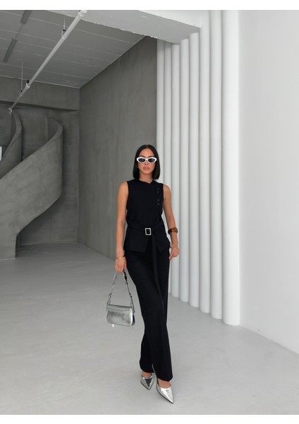 Kadın Keten Asimetrik Yelek Pantolon Ikili Takım