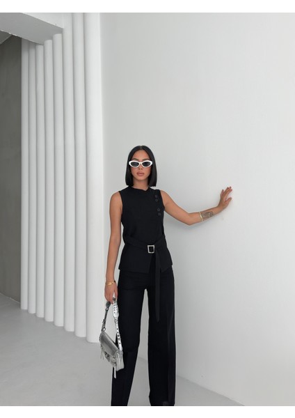 Kadın Keten Asimetrik Yelek Pantolon Ikili Takım fırsatları