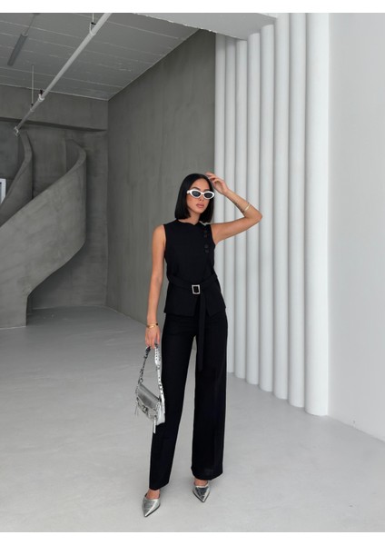 Kadın Keten Asimetrik Yelek Pantolon Ikili Takım indirimleri