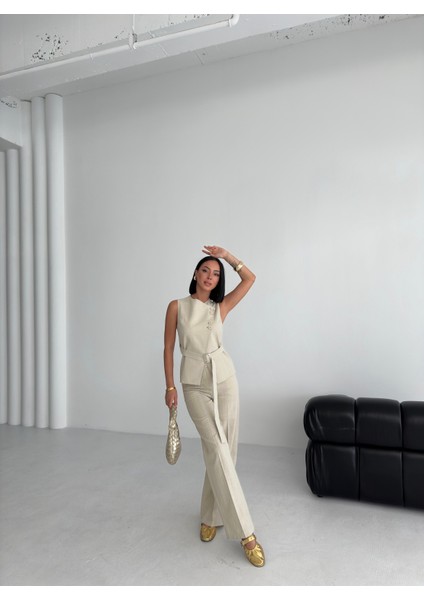 Kadın Keten Asimetrik Yelek Pantolon Ikili Takım