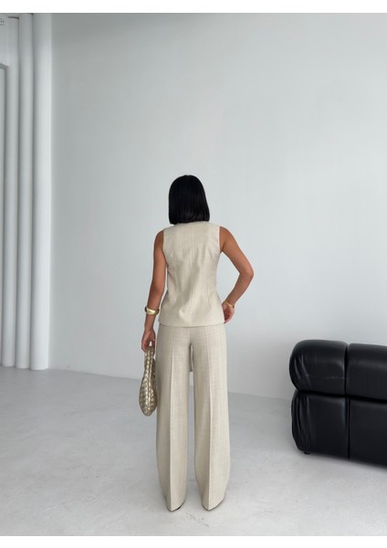 Kadın Keten Asimetrik Yelek Pantolon Ikili Takım fiyatları