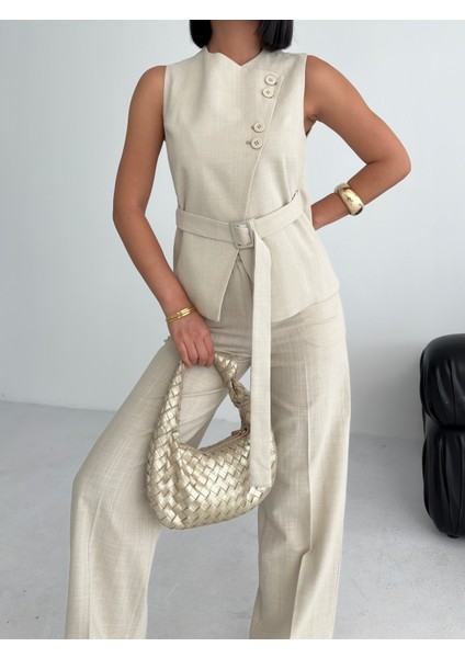 Kadın Keten Asimetrik Yelek Pantolon Ikili Takım modelleri