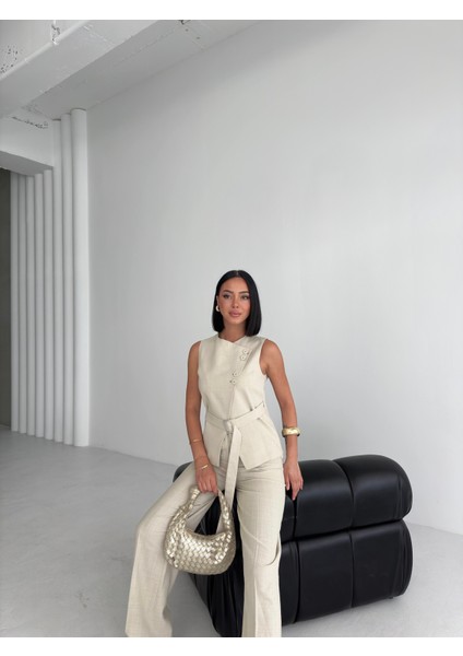 Kadın Keten Asimetrik Yelek Pantolon Ikili Takım fırsatları