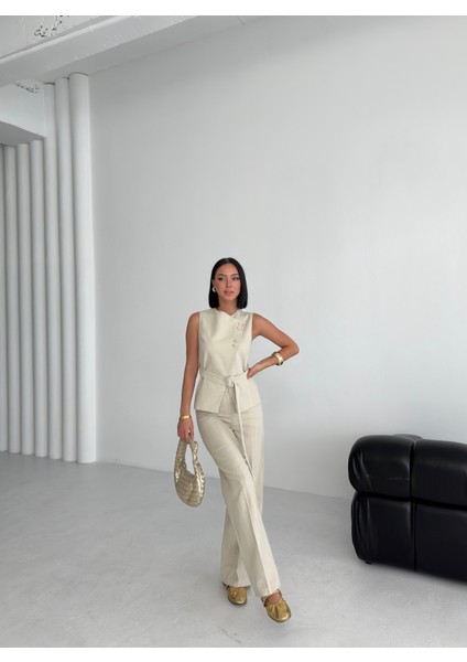 Kadın Keten Asimetrik Yelek Pantolon Ikili Takım indirimleri