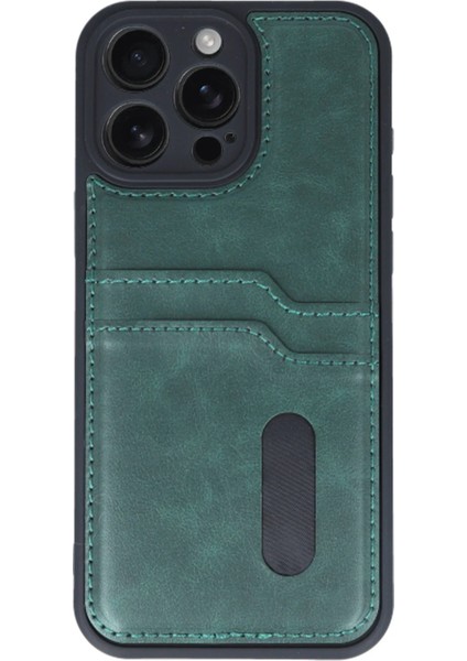 Newface iPhone 16 Pro Max Kılıf Sara Kartvizitli Deri Kılıf - Koyu Yeşil