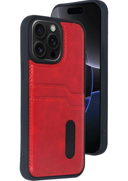 Newface iPhone 15 Pro Max Kılıf Sara Kartvizitli Deri Kılıf - Kırmızı