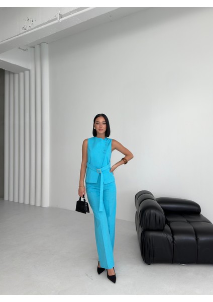 Kadın Keten Asimetrik Yelek Pantolon Ikili Takım indirimleri