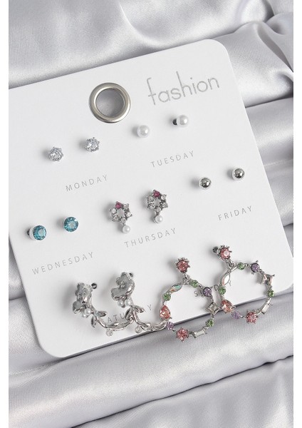 Pirinç Gümüş Renk Zirkon Taşlı Gül Figür Halka Model 7 Çift Kadın Küpe Seti