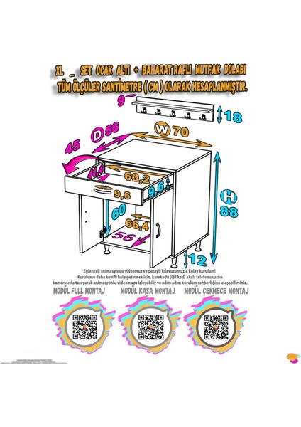 DOQU (XL) Set Ocak Altı Dolap 70x88x56 cm, Çekmeceli, Kapaklı, Tüp Bölmeli Ve Baharat Raflı indirimleri