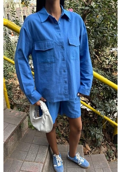 Gömlek ve Şort Flamlı Keten Takım 10130 modelleri