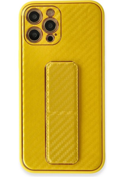 Newface iPhone 12 Pro Max Kılıf Coco Karbon Standlı Kapak - Sarı