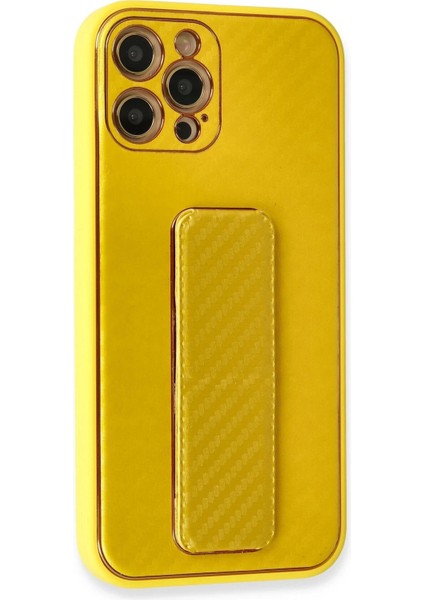 Newface iPhone 12 Pro Max Kılıf Coco Karbon Standlı Kapak - Sarı