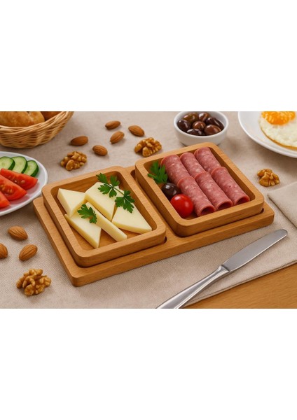 Doğal Ahşap Çerezlik ve Kahvaltılık – Tepsili 2 Kaseli Sunum Tabağı T34