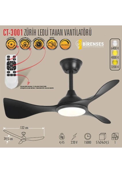 Zürih Ledli Tavan Vantilatörü / Siyah Kasa / 3 Renk Işık / Cata modelleri