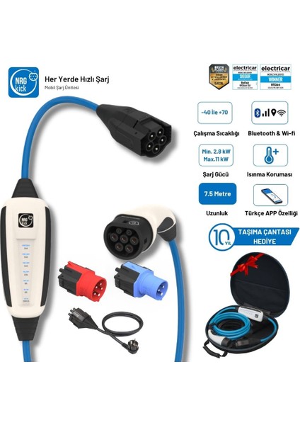 Çantalı Premium Set 16A 11KW Ev Prizi 7.5m Wifi+Bluetooth Ac Mobil Monofaze & Trifaze Şarj (Wallbox)