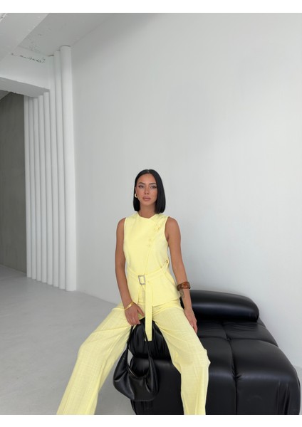 Kadın Keten Asimetrik Yelek Pantolon Ikili Takım