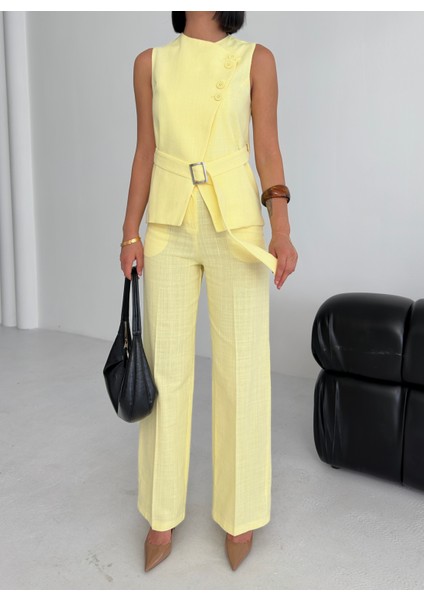 Kadın Keten Asimetrik Yelek Pantolon Ikili Takım modelleri