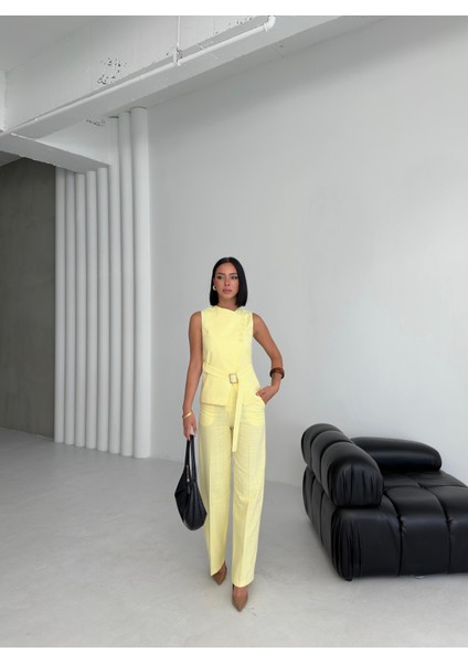 Kadın Keten Asimetrik Yelek Pantolon Ikili Takım fırsatları