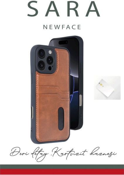 Newface iPhone 16 Pro Kılıf Sara Kartvizitli Deri Kılıf - Taba
