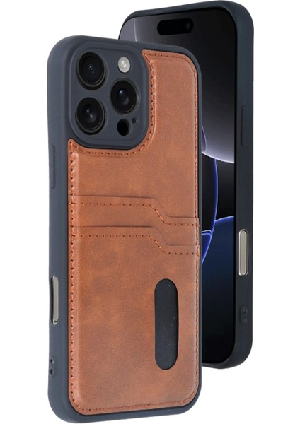Newface iPhone 16 Pro Kılıf Sara Kartvizitli Deri Kılıf - Taba