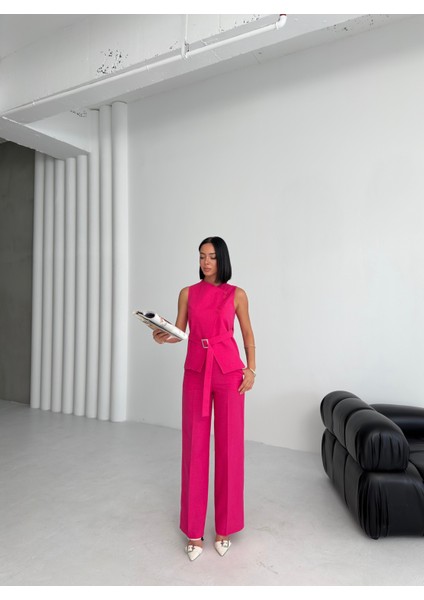 Kadın Keten Asimetrik Yelek Pantolon Ikili Takım