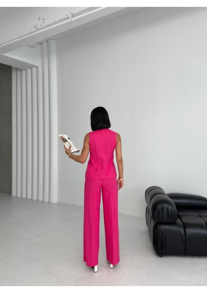 Kadın Keten Asimetrik Yelek Pantolon Ikili Takım fiyatları