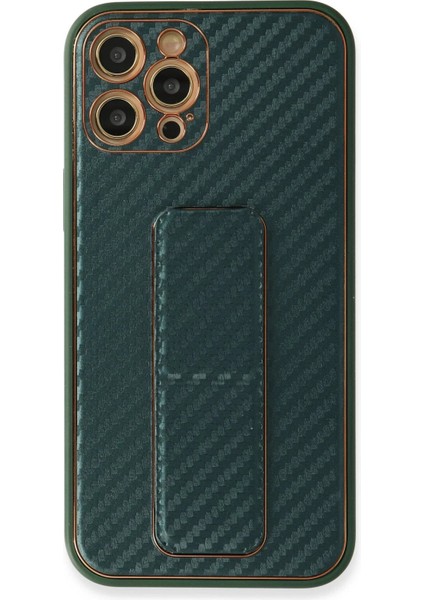 Newface iPhone 12 Pro Kılıf Coco Karbon Standlı Kapak - Yeşil