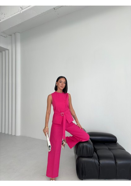 Kadın Keten Asimetrik Yelek Pantolon Ikili Takım fırsatları