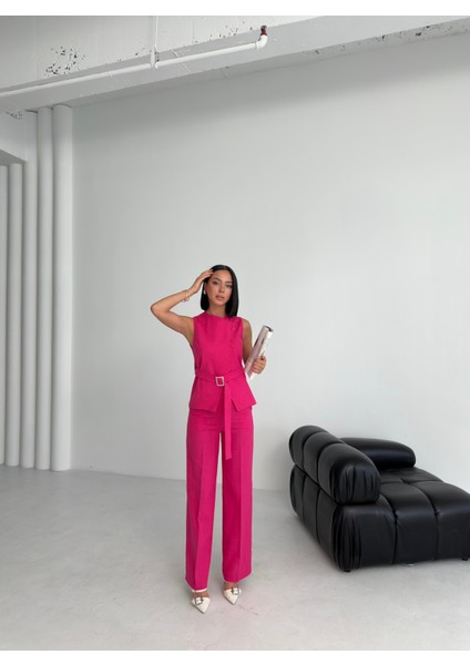 Kadın Keten Asimetrik Yelek Pantolon Ikili Takım indirimleri