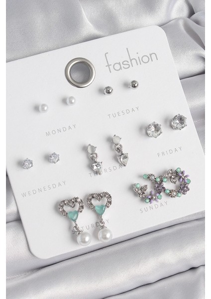 Pirinç Gümüş Renk Zirkon Taşlı Sallantılı Kalp Model Çiçek Detay 7 Çift Kadın Küpe Seti