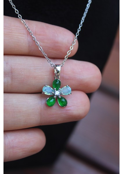 Flos Viridis Yeşil Çiçek Zirkon Kolye Çelik Kolye