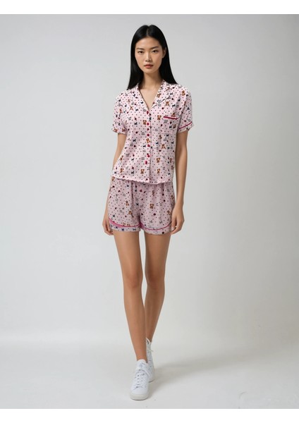 Kadın Pudra Cherry Bear Bebe Yaka Kısa Kol Şort Pijama Takım