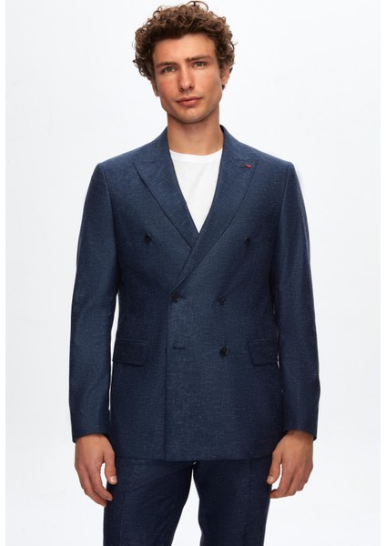 Ds Damat Slim Fit Lacivert Kazayağı Keten Karışımlı Takim Elbise