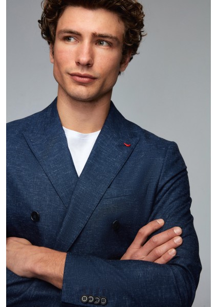 Ds Damat Slim Fit Lacivert Kazayağı Keten Karışımlı Takim Elbise