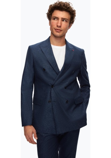 Ds Damat Slim Fit Lacivert Kazayağı Keten Karışımlı Takim Elbise