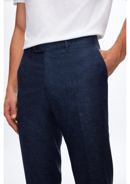 Ds Damat Slim Fit Lacivert Kazayağı Keten Karışımlı Takim Elbise