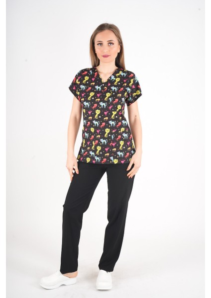 Unisex Cool Cats Club Desenli Doktor Hemşire Hastane Aşçı Mutfak Scrubs Üniforma Takım