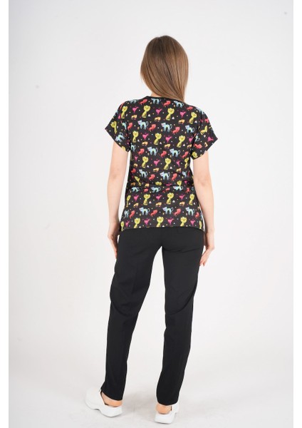 Unisex Cool Cats Club Desenli Doktor Hemşire Hastane Aşçı Mutfak Scrubs Üniforma Takım