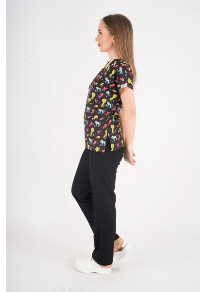 Unisex Cool Cats Club Desenli Doktor Hemşire Hastane Aşçı Mutfak Scrubs Üniforma Takım