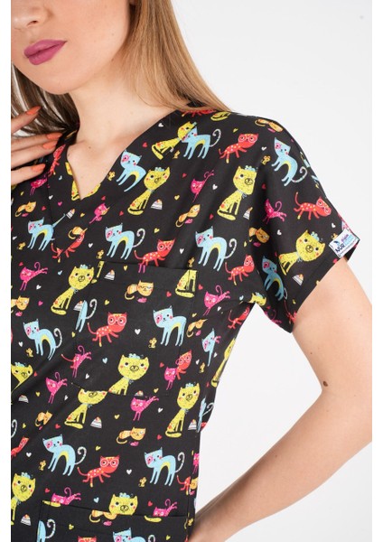Unisex Cool Cats Club Desenli Doktor Hemşire Hastane Aşçı Mutfak Scrubs Üniforma Takım