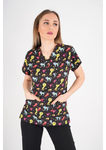 Unisex Cool Cats Club Desenli Doktor Hemşire Hastane Aşçı Mutfak Scrubs Üniforma Takım