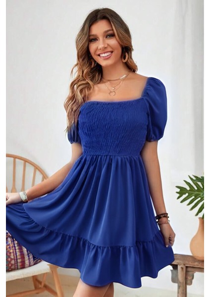 Saks Mavi Carmen Yaka Fırfırlı Diz Üstü Gipeli Aerobin Elbise 95 cm