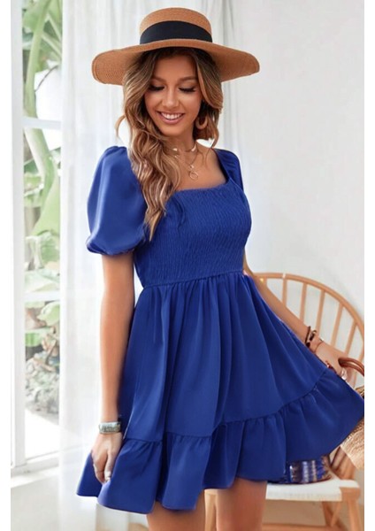 Saks Mavi Carmen Yaka Fırfırlı Diz Üstü Gipeli Aerobin Elbise 95 cm fiyatları