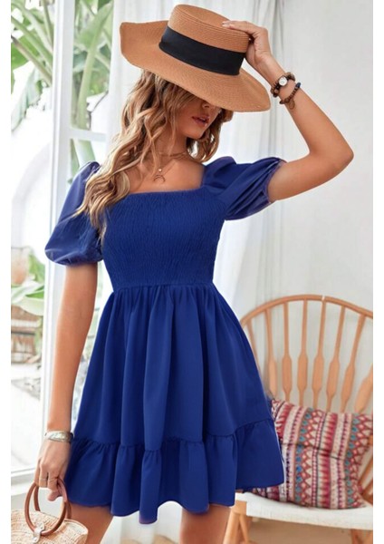 Saks Mavi Carmen Yaka Fırfırlı Diz Üstü Gipeli Aerobin Elbise 95 cm modelleri