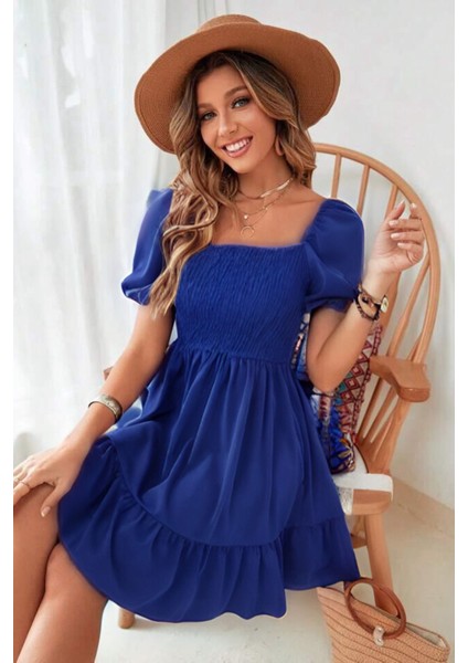 Saks Mavi Carmen Yaka Fırfırlı Diz Üstü Gipeli Aerobin Elbise 95 cm fırsatları