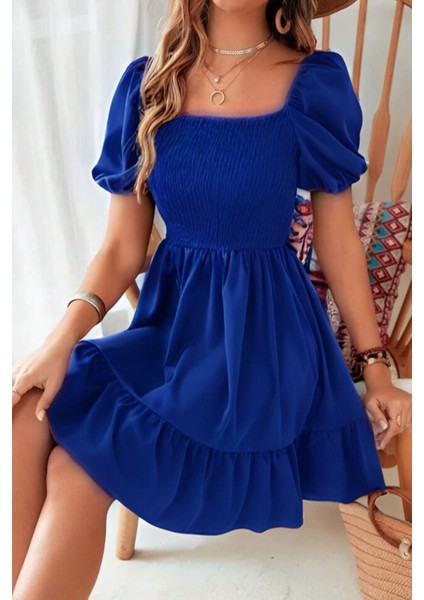 Saks Mavi Carmen Yaka Fırfırlı Diz Üstü Gipeli Aerobin Elbise 95 cm indirimleri