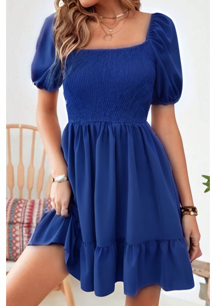 Saks Mavi Carmen Yaka Fırfırlı Diz Üstü Gipeli Aerobin Elbise 95 cm